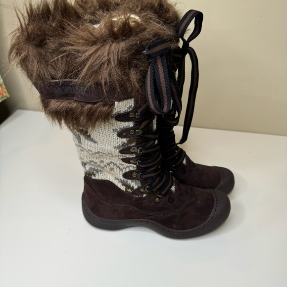 MUKLUKS BROWN FAUX SUEDE & FUR KNITTED SIDES LACE UP KNEE HIGH BOOTS SZ 7 - Picture 3 of 10